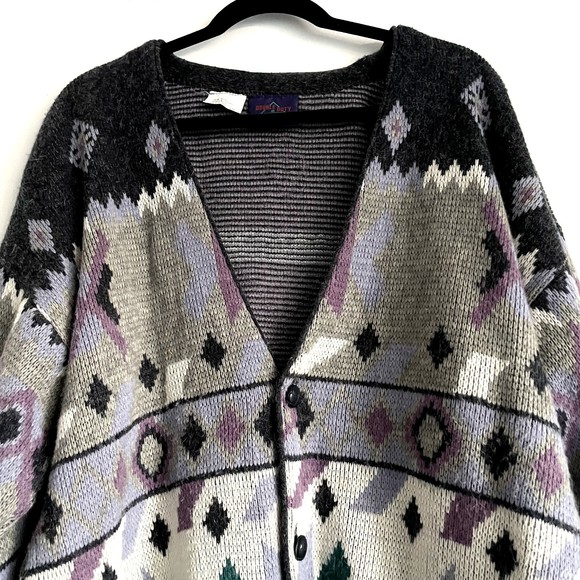 Vintage Oversized Slouchy Boxy Wool Blend Cardigan V Neck Sweater Gray sz XL - Picture 2 of 10